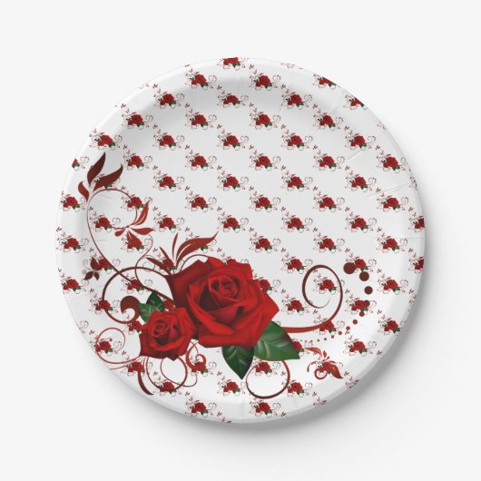 Paper Plates,  Red Rose Floral ペーパープレート (正面)