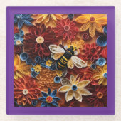Paper Quilling Design Bee surrounded by Flowers ガラスコースター (正面)