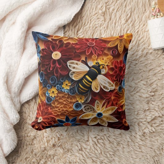 Paper Quilling Design Bee surrounded by Flowers クッション (ブランケット)