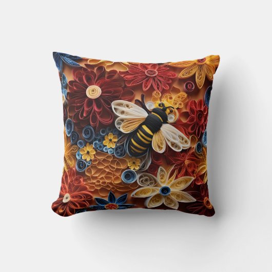 Paper Quilling Design Bee surrounded by Flowers クッション (正面)