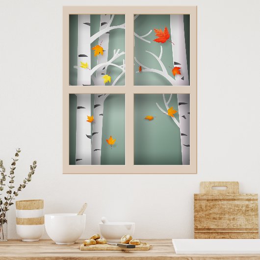 Papercut Aspen Trees in Autumn Window ポスター (キッチン)