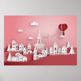 Papercut Couple Hot Air Balloon in Paris ポスター