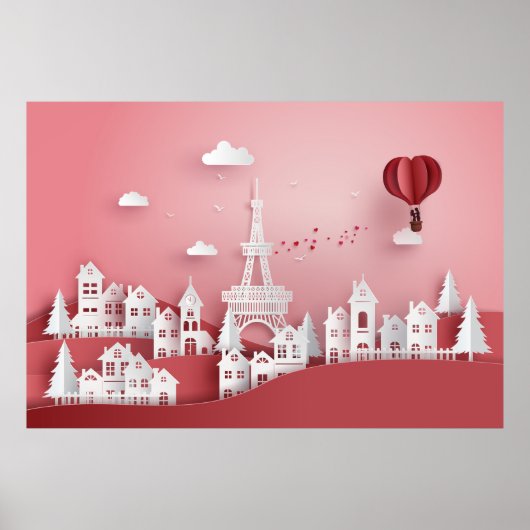 Papercut Couple Hot Air Balloon in Paris ポスター (正面)