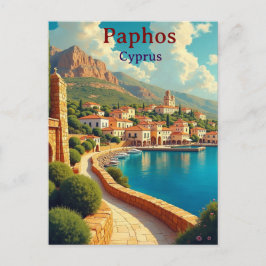 Paphos Cyprus vintage travel illustration ポストカード