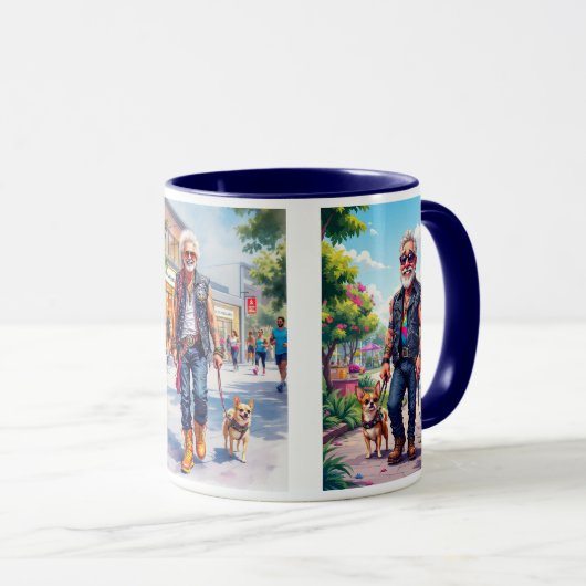 Papi rocker cool promène tranquillement son chien. マグカップ (正面右)