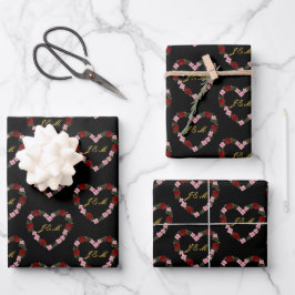 Papier cadeau noir avec un cœur rose et rouge ラッピングペーパーシート
