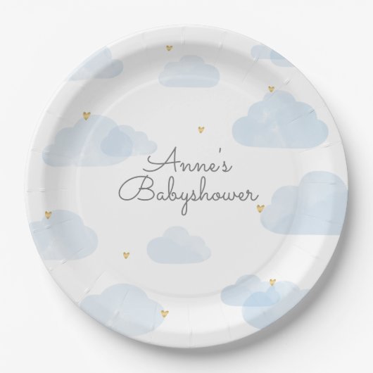 Papieren bordje babyshower lichtblauwe wolken ペーパープレート (正面)