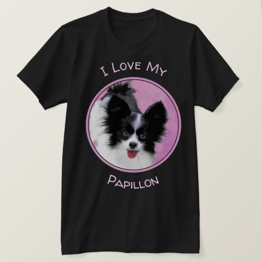 Papillonの(白くおよび黒い)絵画-犬の芸術 Tシャツ (デザイン正面)
