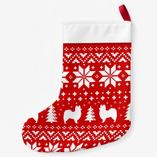 Papillon犬はクリスマスのセーターパターンのシルエットを描きます スモールクリスマスストッキング (裏面)