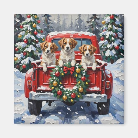 Papillon Christmas Red Truck Holiday マグネット (正面)