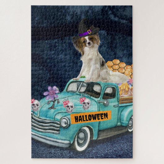 Papillon Dog Halloween Truck Scary Night ジグソーパズル (縦)