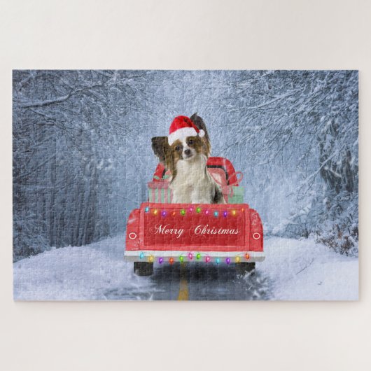 Papillon Dog in Snow sitting in Christmas Truck  ジグソーパズル (横)