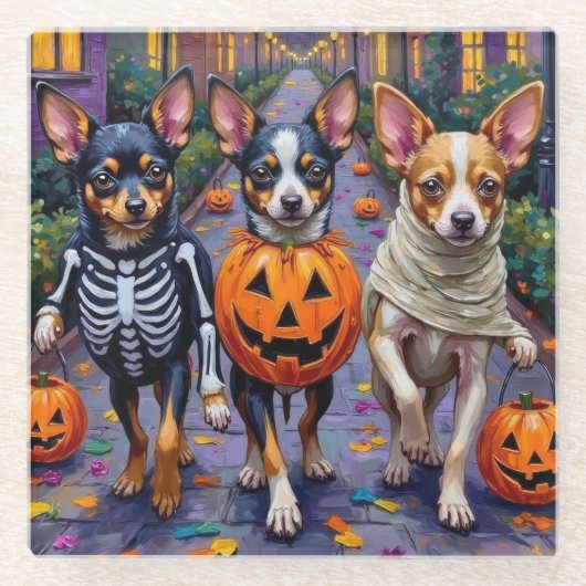 Papillon Dogs Trick-or-Treating Halloween Costumes ガラスコースター (正面)