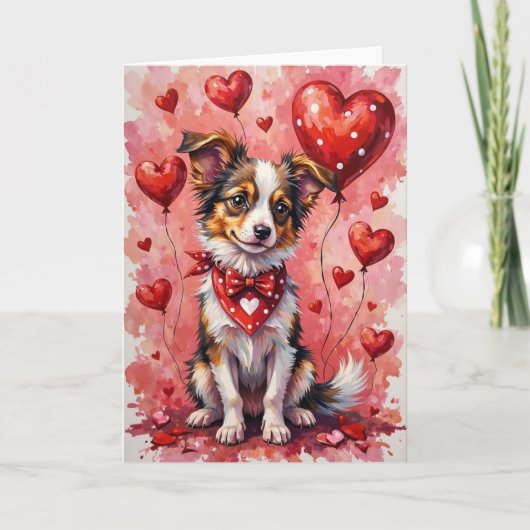 Papillon Valentine’s Day Dog with Hearts Red カード (正面)