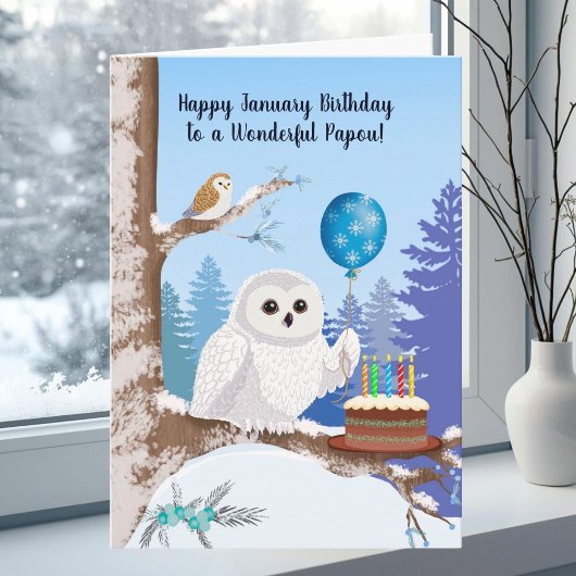 Papou Happy January Birthday Snowy Owl カード