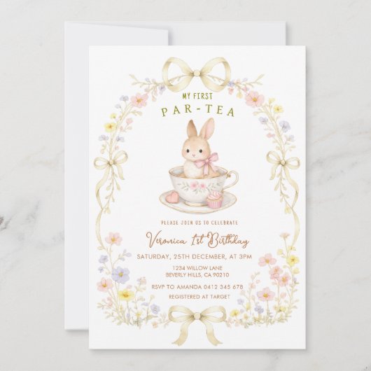 Par-Tea Bunny 1歳の誕生日 野の花 招待状 (正面)