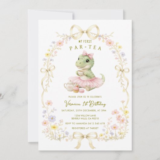 Par-Tea Dino 1歳の誕生日 ワイルドフラワー 招待状 (正面)