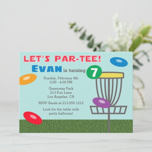 PAR-TEEディスクゴルフ誕生日のパーティの招待状は 招待状 (スタンド正面)