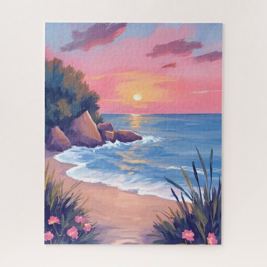 Paradise Cove | Pink Watercolor Ocean Waves Sunset ジグソーパズル (縦)