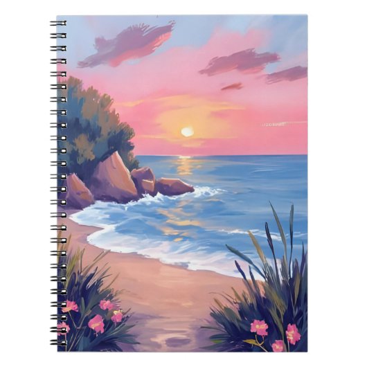 Paradise Cove | Pink Watercolor Ocean Waves Sunset ノートブック (正面)