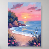 Paradise Cove | Pink Watercolor Ocean Waves Sunset ポスター (正面)