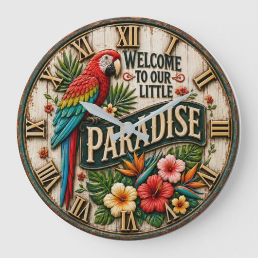 Paradise Parrot Tropical Colorful Macaw Island ラージ壁時計 (正面)