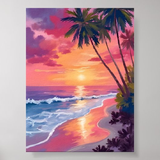 Paradise Sunset | Pink Tropical Watercolor Beach ポスター (正面)