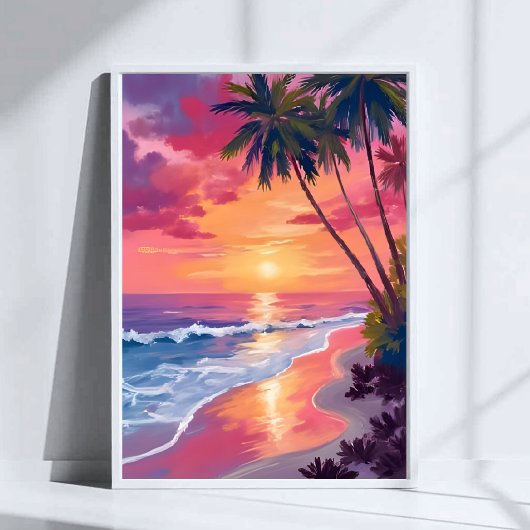 Paradise Sunset | Pink Tropical Watercolor Beach ポスター