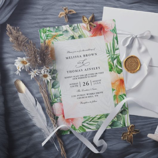 Paradise Tropical Hibiscus Floral QR Code Wedding 招待状