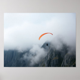 Paraglider Soaring Over Foggy Mountain Cliff ポスター