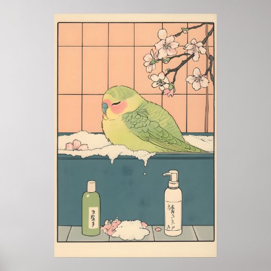 Parakeet in Bathtub Ukiyo-e Print Funny Bird ポスター (正面)