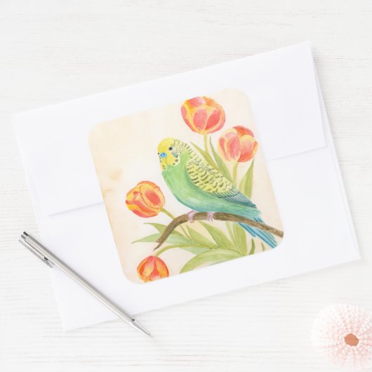 Parakeet with Tulips  スクエアシール (封筒)