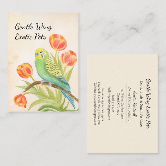 Parakeet with Tulips Exotic Pets 名刺 (正面/裏面)