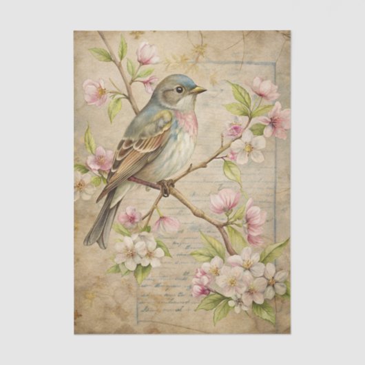 Parchment with Bird on Branch with Pink Blossoms 薄葉紙 (正面)