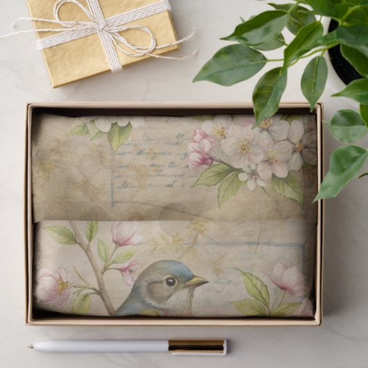 Parchment with Bird on Branch with Pink Blossoms 薄葉紙 (ギフト)