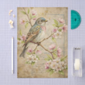Parchment with Bird on Branch with Pink Blossoms 薄葉紙 (クラフト)