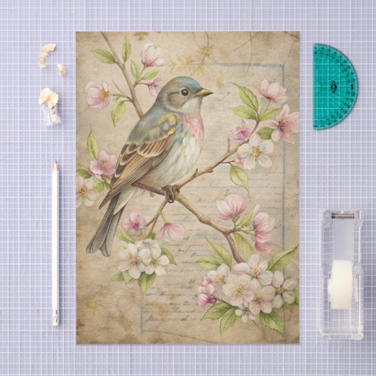 Parchment with Bird on Branch with Pink Blossoms 薄葉紙 (クラフト)