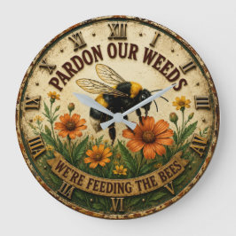 Pardon Our Weeds We're Feeding the Bees Garden ラージ壁時計