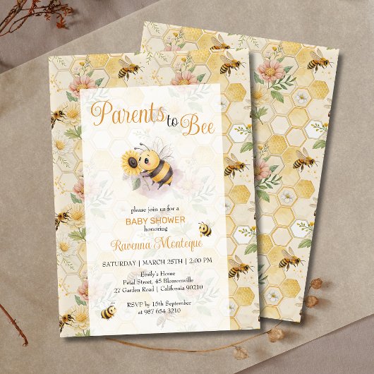 Parents to Bee Honeycomb Bee Custom Baby Shower 招待状