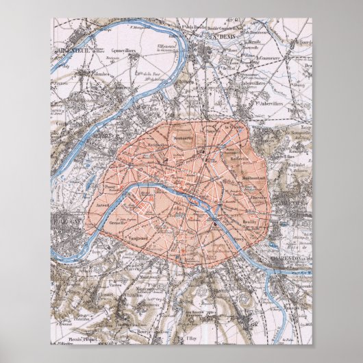 Parijs, frankrijk, antieke kaart 1895 ポスター (正面)