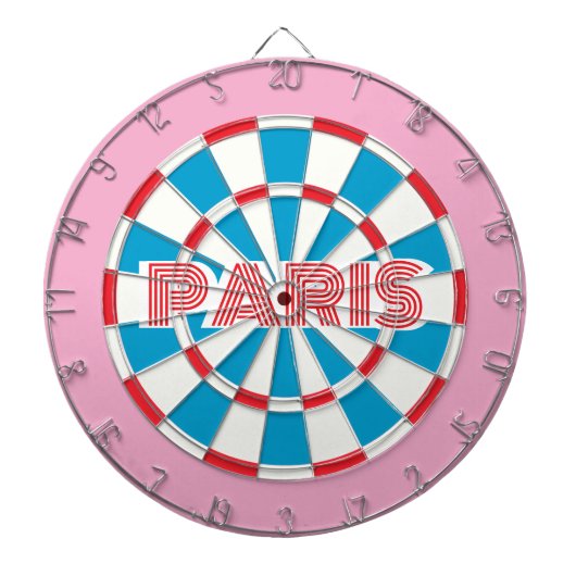 PARISピンク赤白と青の編集可能文字レトロ ダーツボード (正面)