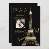 PARIS日付の保存 – 写真の追加 – 黒い金ゴールド セーブザデート (正面/裏面)