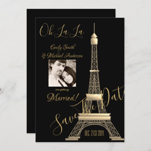 PARIS日付の保存 – 写真の追加 – 黒い金ゴールド セーブザデート (正面/裏面)