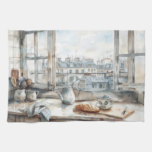 Paris Apartment Kitchen Watercolor with Rooftop Vi キッチンタオル (横)