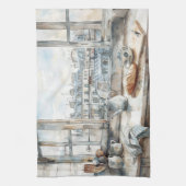 Paris Apartment Kitchen Watercolor with Rooftop Vi キッチンタオル (縦)