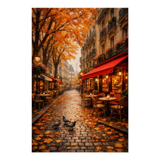 Paris Autumn Café Street – Warm Fall Poster ポスター (正面)