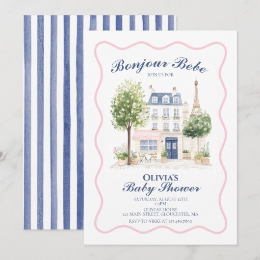Paris Baby Shower Parisian Cafe Tea Party 招待状 (正面/裏面)