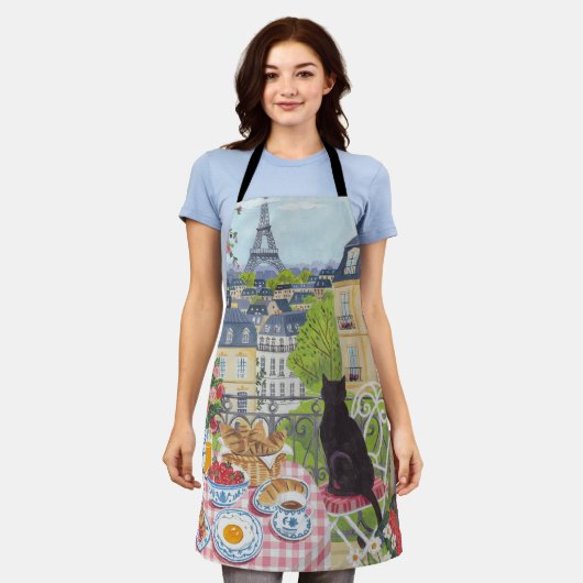 Paris Balcony Breakfast Cat Eiffel Tower Kitchen エプロン (着用した状態)