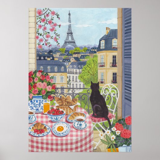 Paris Balcony Breakfast Cat Eiffel Tower View Arts ポスター (正面)
