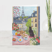 Paris Balcony Cat Breakfast Eiffel Tower Greeting カード (正面)